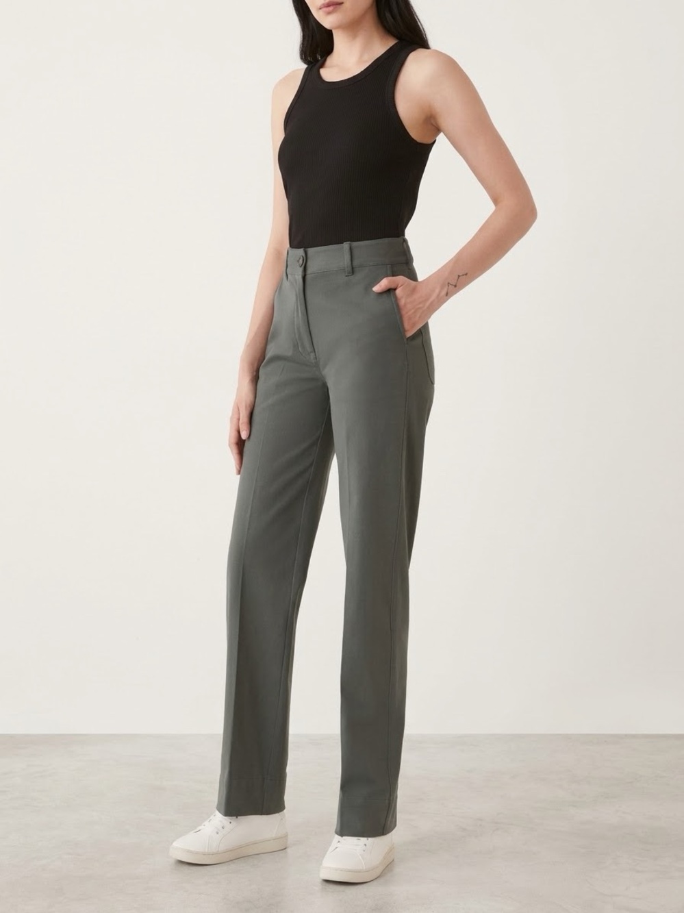 Frank & Oak Womens Jane Straight Fit Pant 8 Grey Olive Career Office Fall Winter
